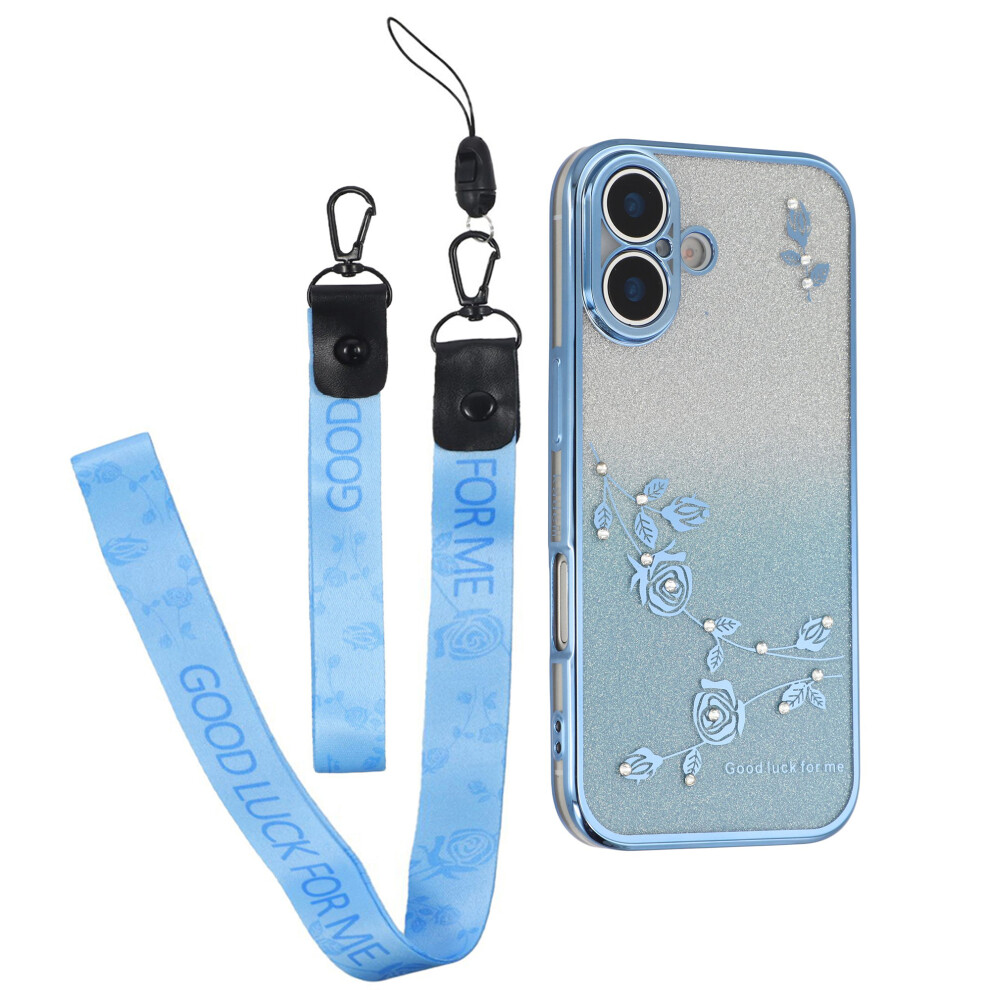 (Blue) Kadem For Iphone 17 Case Flower Pattern Tpu Gradient Phone Cover With Lanyards Blue 6914290908028