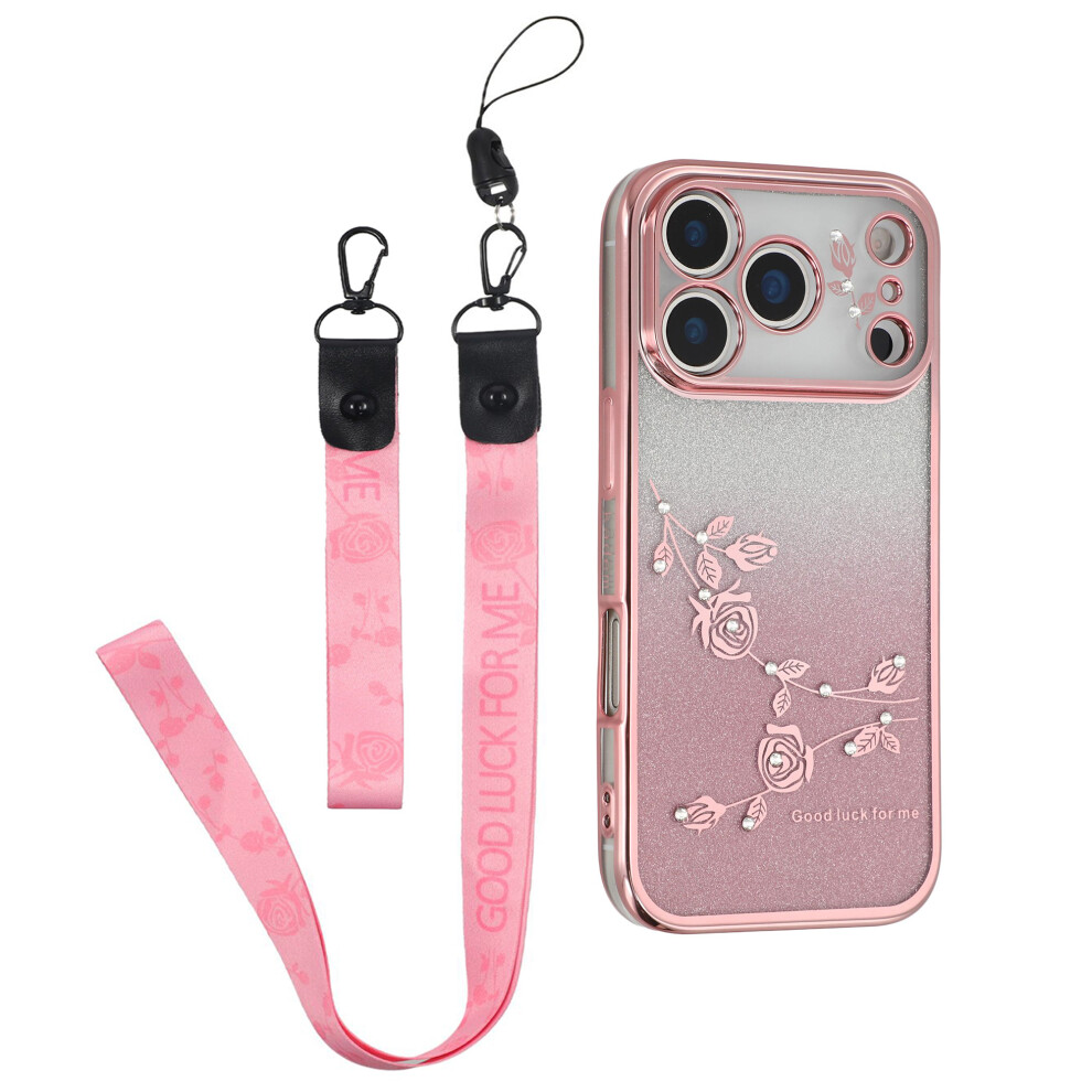 (Rose ) Kadem For Iphone 17 Pro Max Case Flower Pattern Tpu Gradient Phone Cover With Lanyards Gold 6914296834765