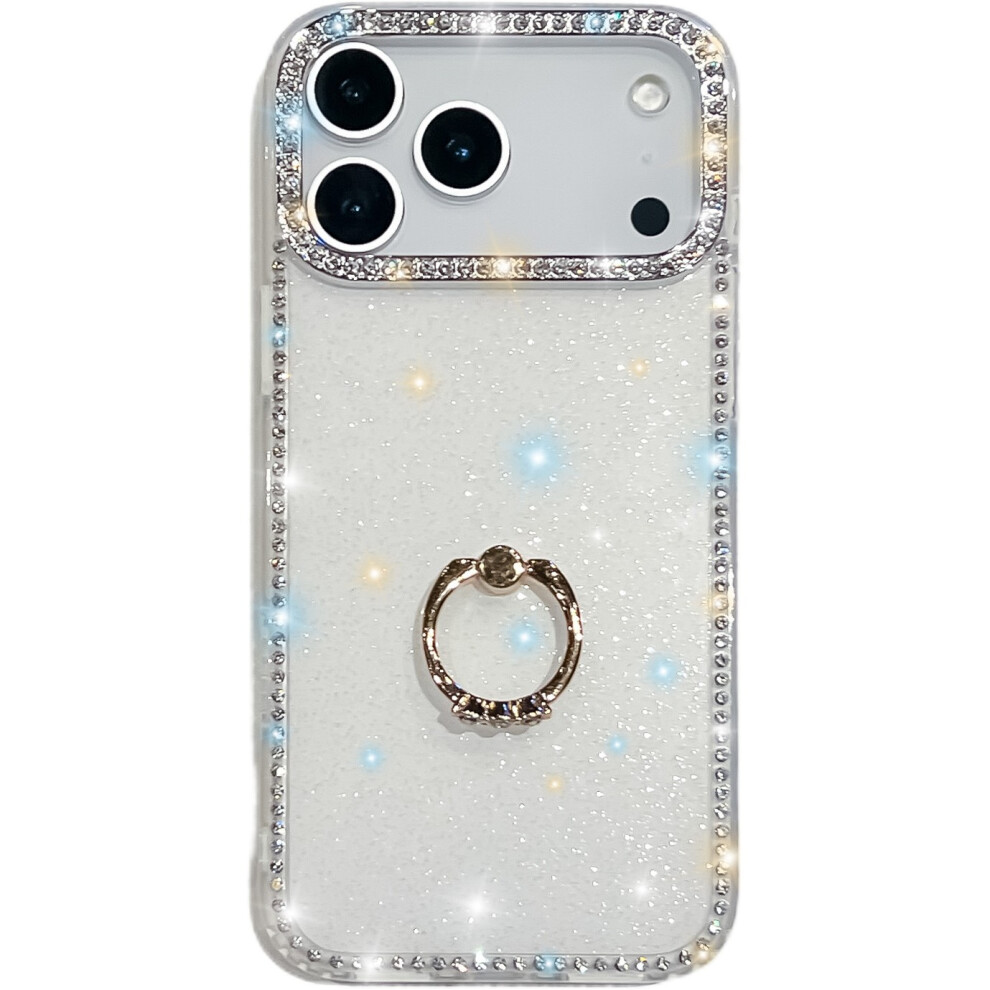 (Glitter ) For Iphone 17 Pro Case With Ring Kickstand Rhinestone Edge Tpu + Pc Imd Phone Cover White 6914298950081