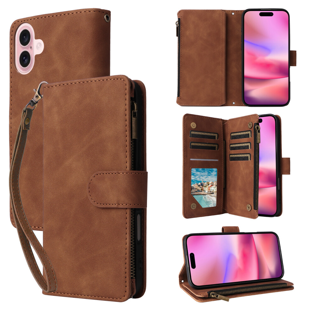 (Brown) For Iphone 17 Case Zipper Wallet Multiple Card Slots Leather Phone Cover With Wrist Strap Brown 6914298938225