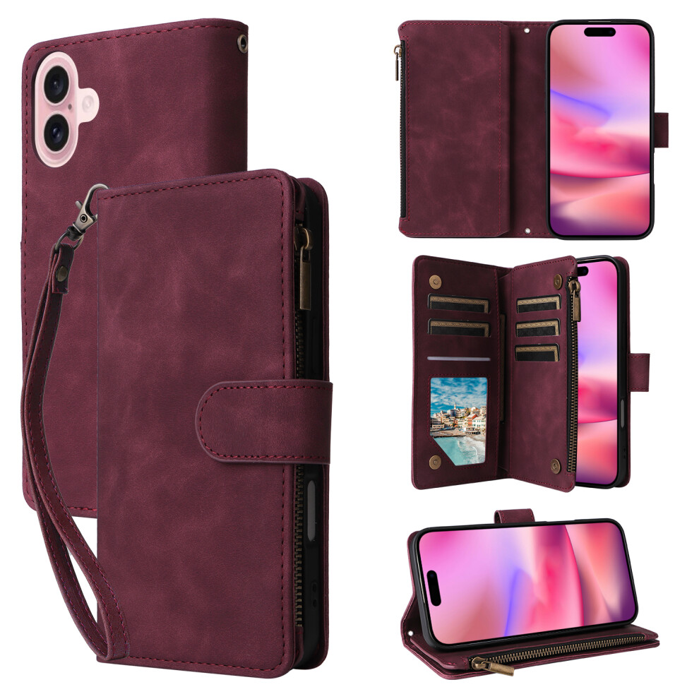 (Wine ) For Iphone 17 Case Zipper Wallet Multiple Card Slots Leather Phone Cover With Wrist Strap Red 6914291573416