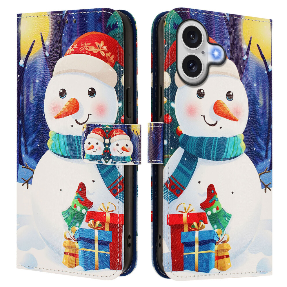 (Gift Box Snowman) For Iphone 17 Wallet Case Christmas Pattern Printing Leather Phone Cover With Lanyard 6914294769397