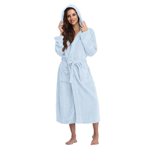 Women's Terry Cloth Hooded Bathrobe Blue Lightweight Soft 1