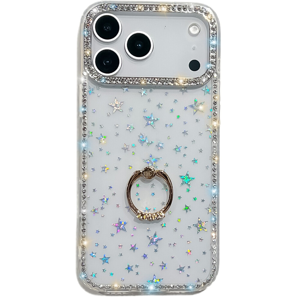 (Starry Transparent) For Iphone 17 Pro Case With Ring Kickstand Rhinestone Edge Tpu + Pc Imd Phone Cover 6914298507346