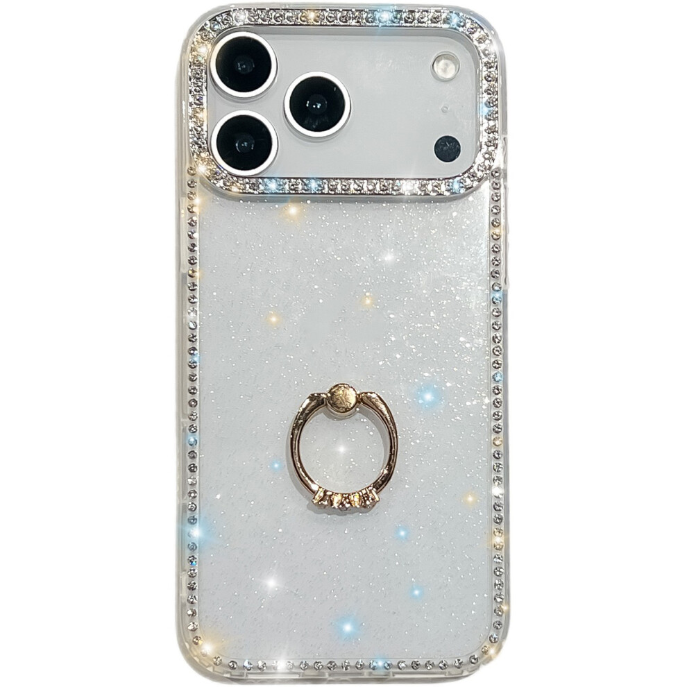 (Glitter Transparent) For Iphone 17 Pro Case With Ring Kickstand Rhinestone Edge Tpu + Pc Imd Phone Cover 6914298773734