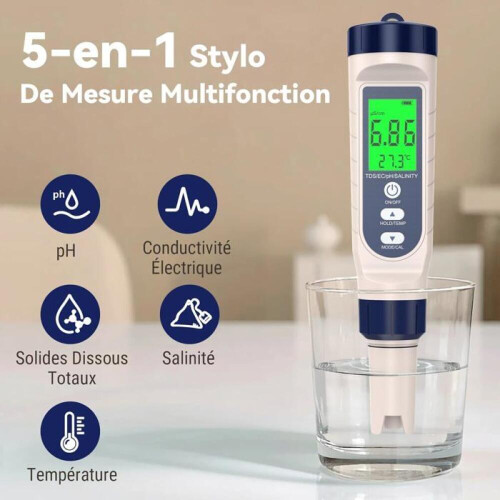 5-in-1 pH Meter, pH, TDS, EC, Salinity, Thermometer, Pool pH Tester with Backlit LCD Screen and Temperature Compensation 1