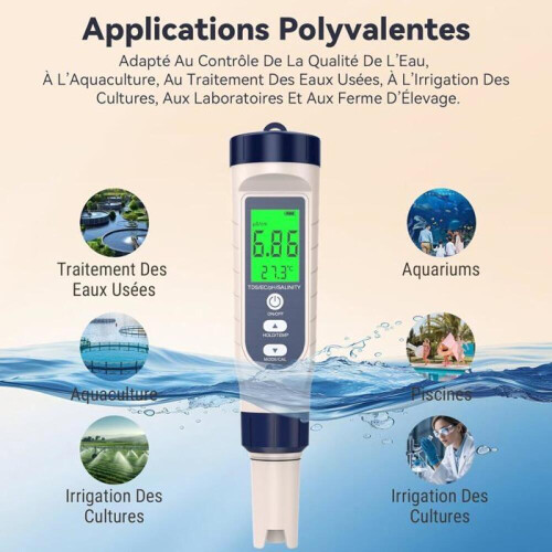 5-in-1 pH Meter, pH, TDS, EC, Salinity, Thermometer, Pool pH Tester with Backlit LCD Screen and Temperature Compensation 2