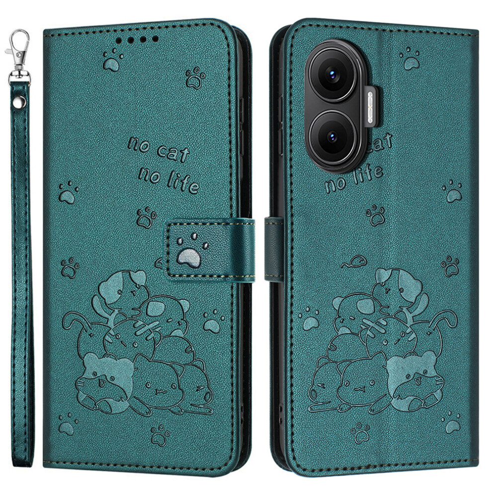 (Blackish ) For Xiaomi Poco F7 5G / Redmi Turbo 4 Pro 5G Wallet Case Cats Imprint Leather Phone Cover With Strap Green 6914294318458