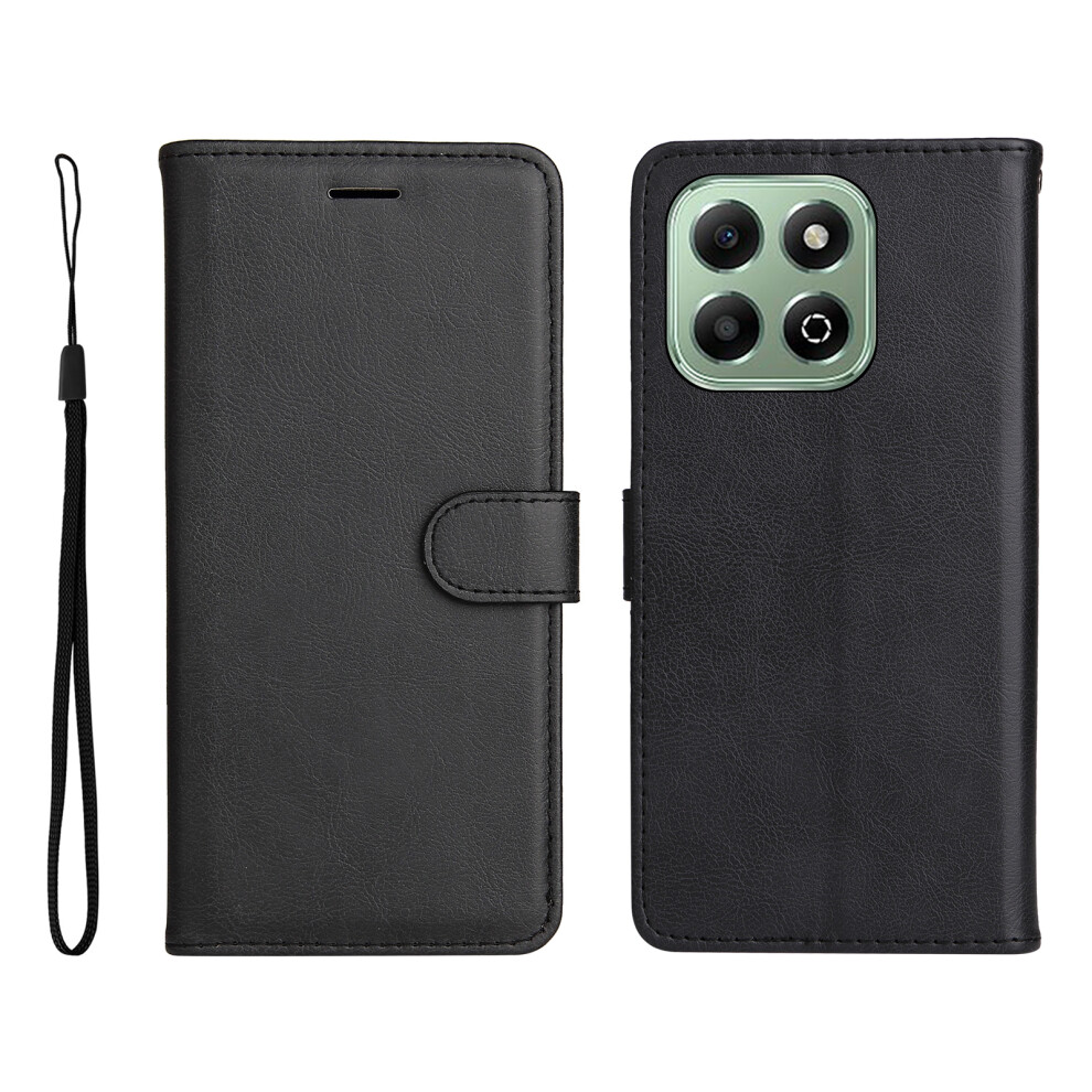 (Black) For Honor X6b 4G / Honor X6a 4G / Honor X5b / Honor X5b Plus / Honor X6c 4G Leather Wallet Case With Strap Solid Color Phone Stand Black 6914292258336