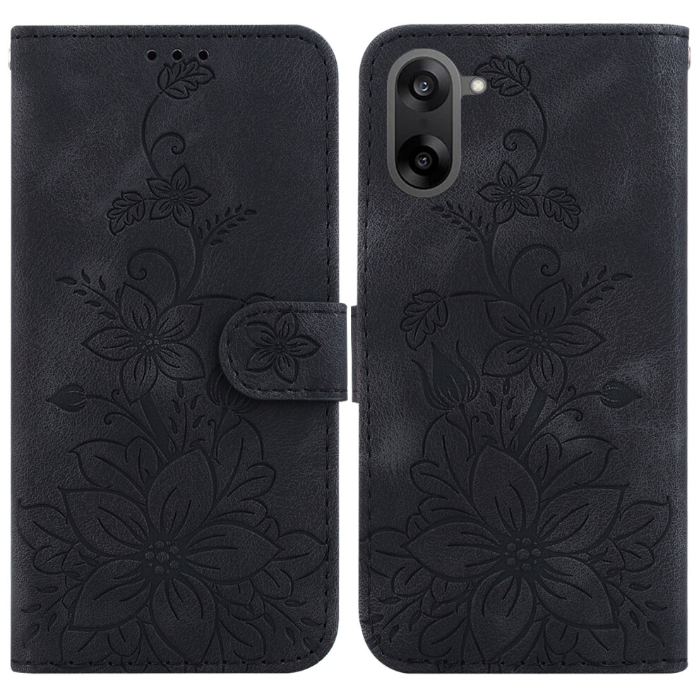 (Black) For Oneplus Nord Ce5 5G / Ace 5 Racing 5G Stand Case Lily Flower Imprint Leather Phone Cover With Wrist Strap Black 6914294469037