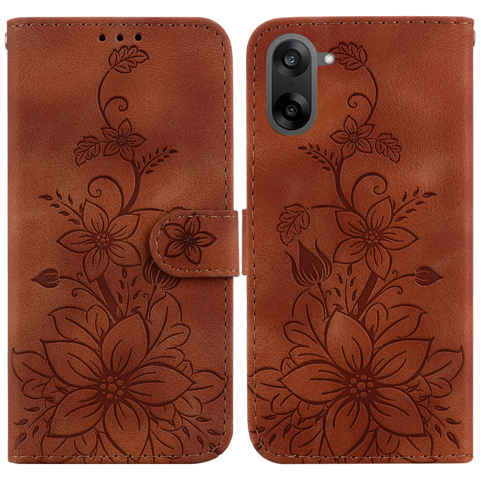 (Brown) For Oneplus Nord Ce5 5G / Ace 5 Racing 5G Stand Case Lily Flower Imprint Leather Phone Cover With Wrist Strap Brown 6914291871635