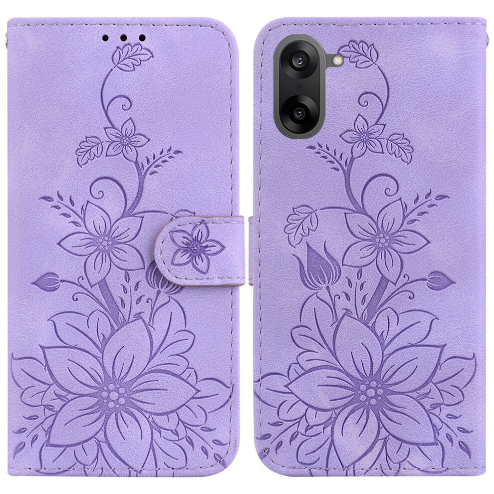 (Purple) For Oneplus Nord Ce5 5G / Ace 5 Racing 5G Stand Case Lily Flower Imprint Leather Phone Cover With Wrist Strap Purple 6914292171260