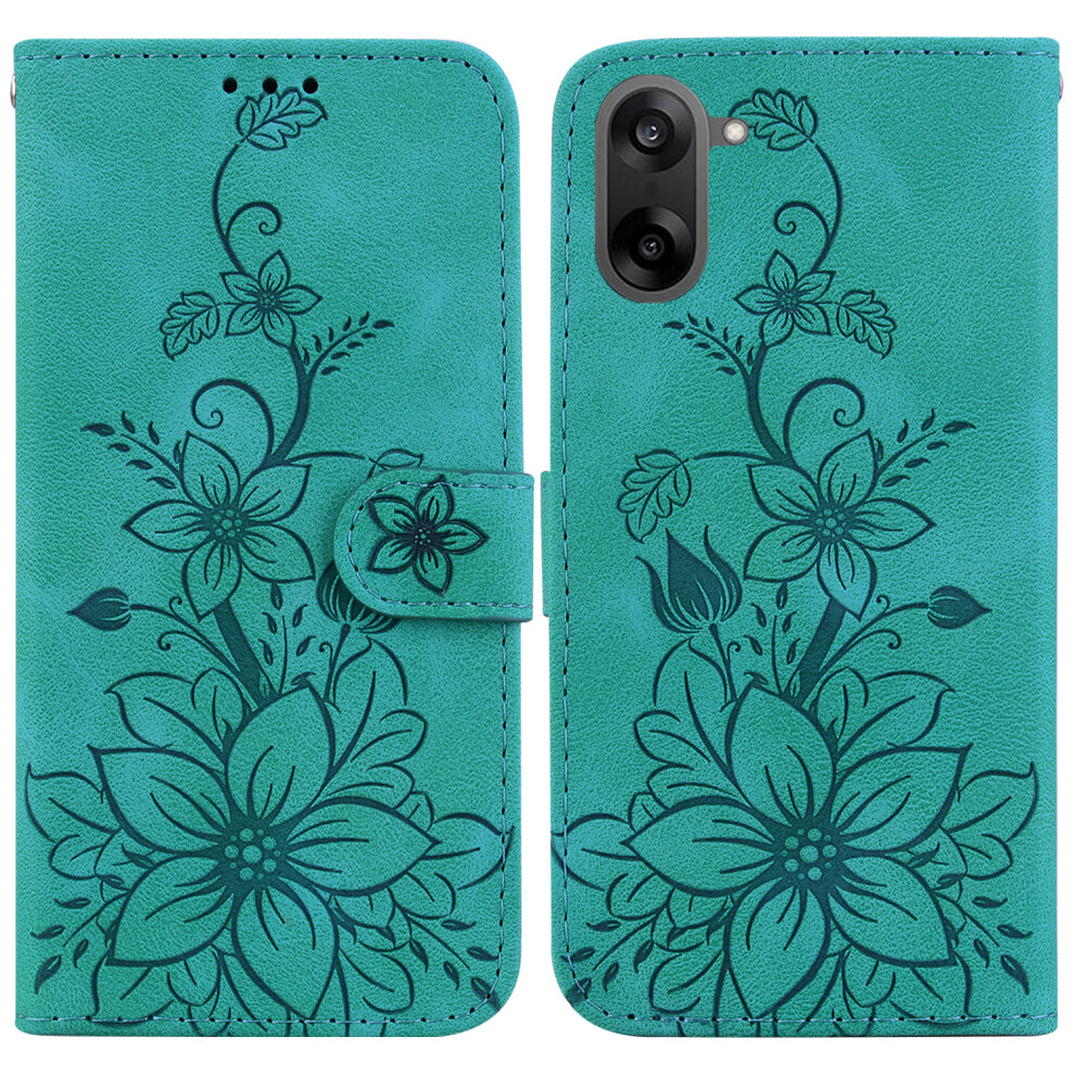 (Green) For Oneplus Nord Ce5 5G / Ace 5 Racing 5G Stand Case Lily Flower Imprint Leather Phone Cover With Wrist Strap Green 6914299919780
