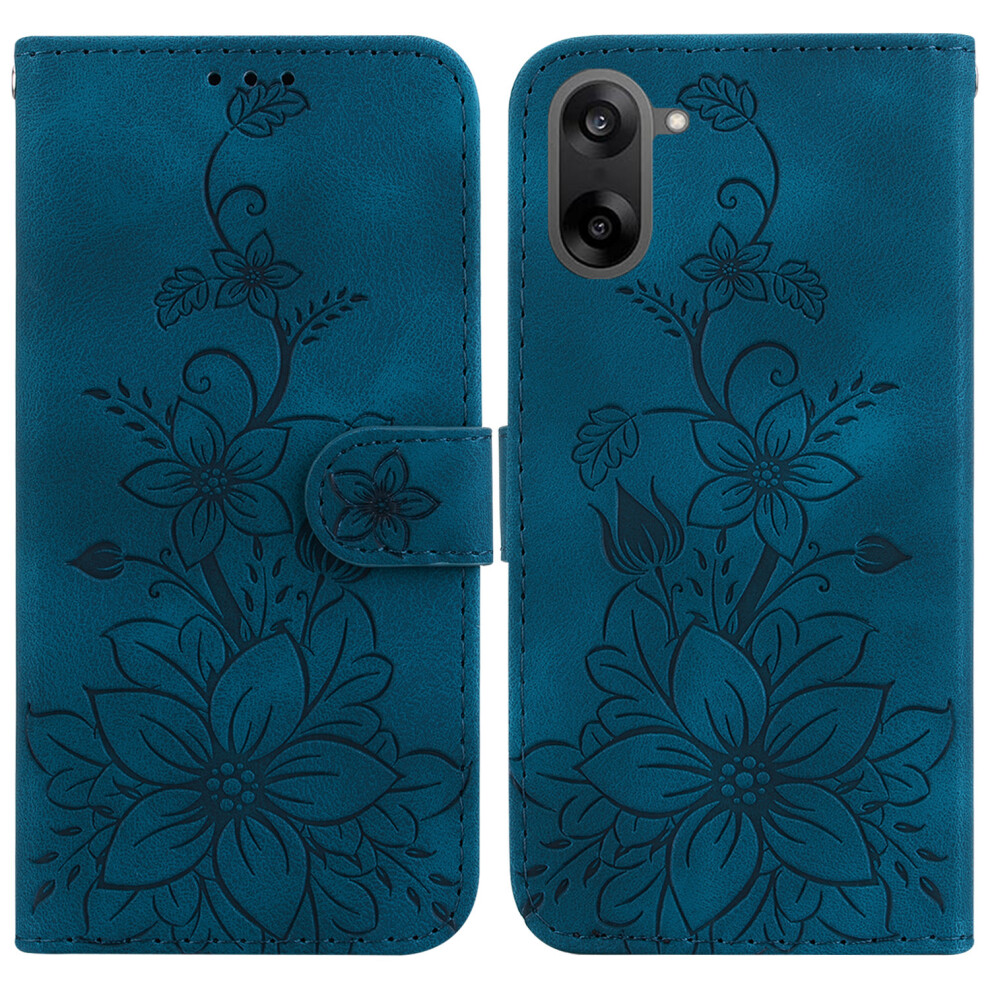 (Dark ) For Oneplus Nord Ce5 5G / Ace 5 Racing 5G Stand Case Lily Flower Imprint Leather Phone Cover With Wrist Strap Blue 6914297782751