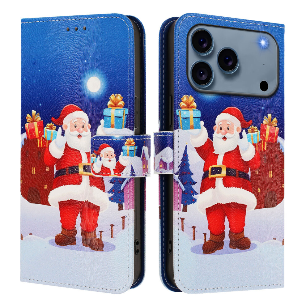 (Christmas Night Scene) For Iphone 17 Pro Max Wallet Case Christmas Pattern Printing Leather Phone Cover With Lanyard 6914295392761