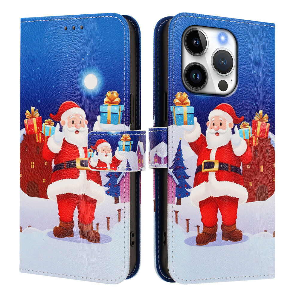 (Christmas Night Scene) For Iphone 16 Pro Wallet Case Christmas Pattern Printing Leather Phone Cover With Lanyard 6914290034277