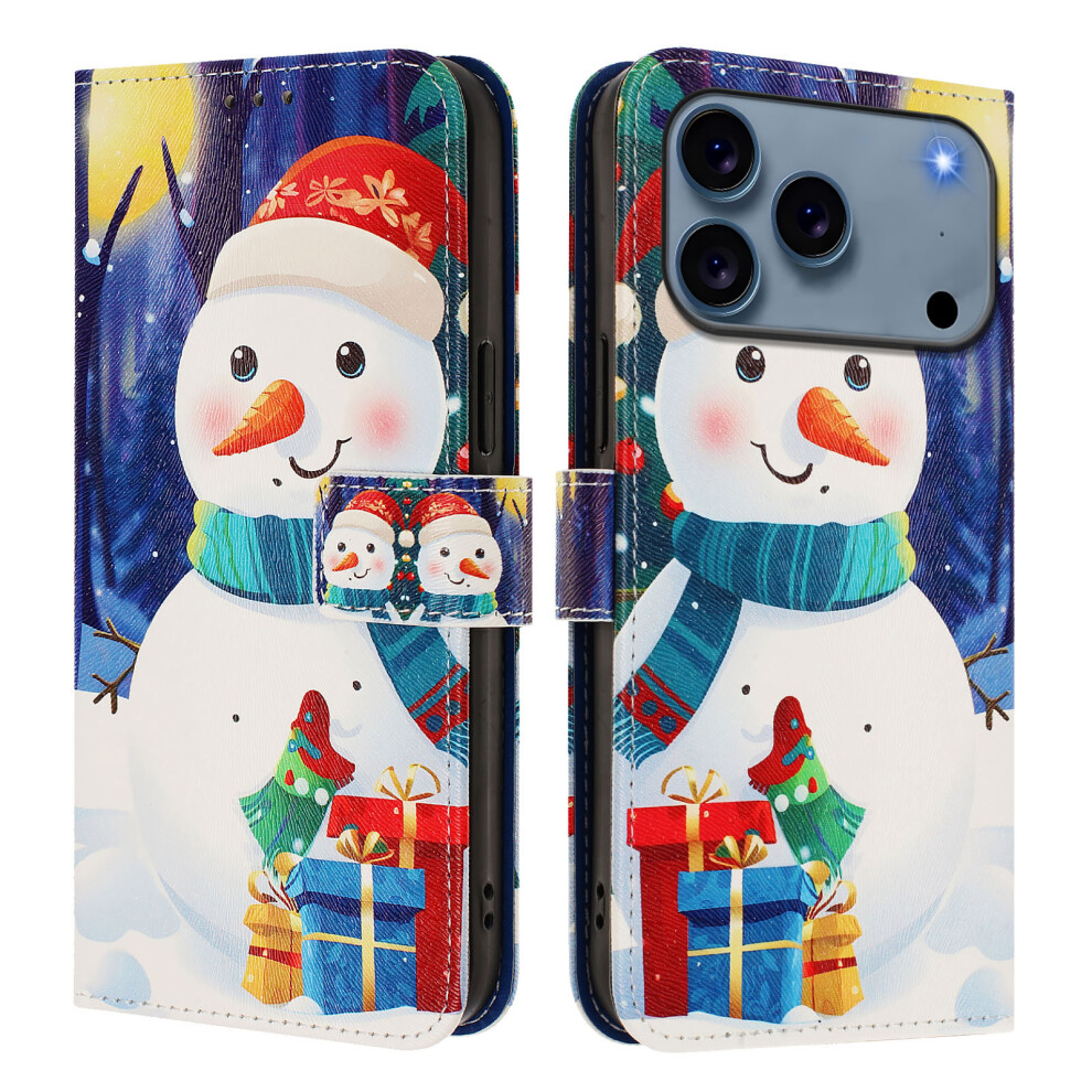 (Gift Box Snowman) For Iphone 17 Pro Wallet Case Christmas Pattern Printing Leather Phone Cover With Lanyard 6914292529023