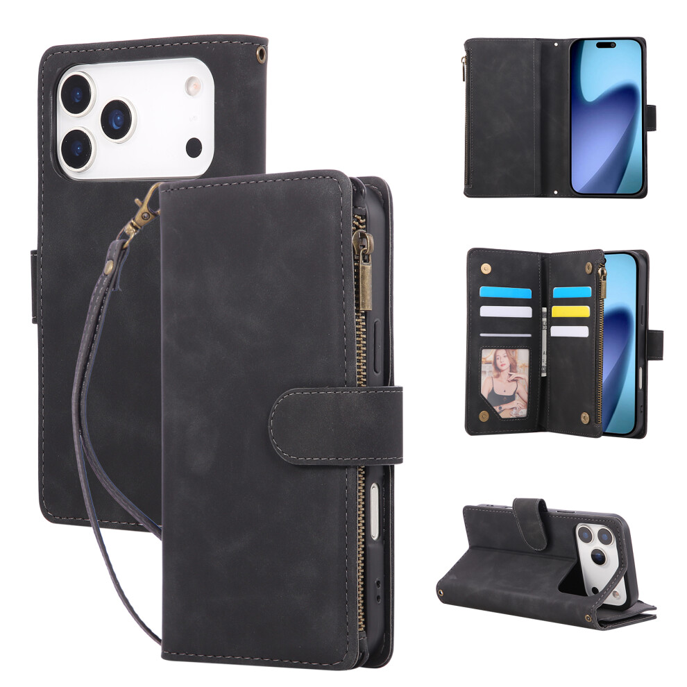 (Black) For Iphone 17 Pro Case Zipper Wallet Multiple Card Slots Leather Phone Cover With Wrist Strap Black 6914298058909