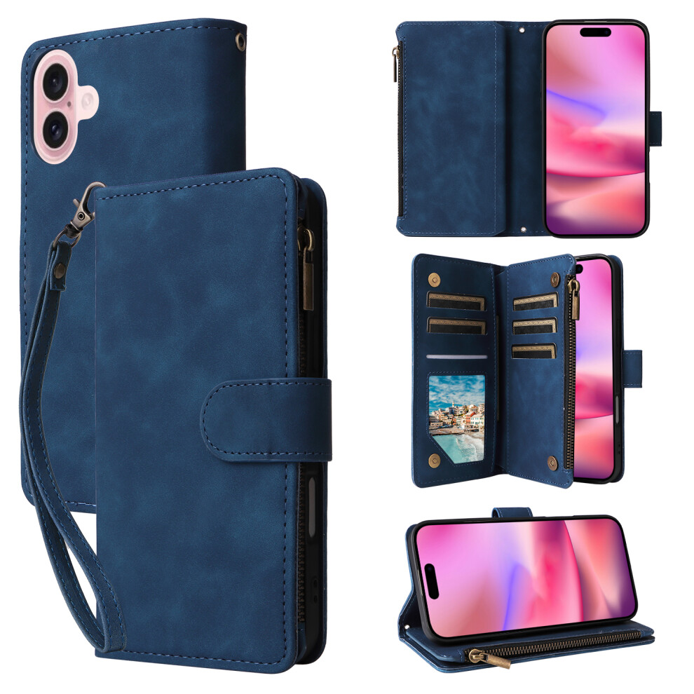 (Blue) For Iphone 17 Case Zipper Wallet Multiple Card Slots Leather Phone Cover With Wrist Strap Blue 6914292362781
