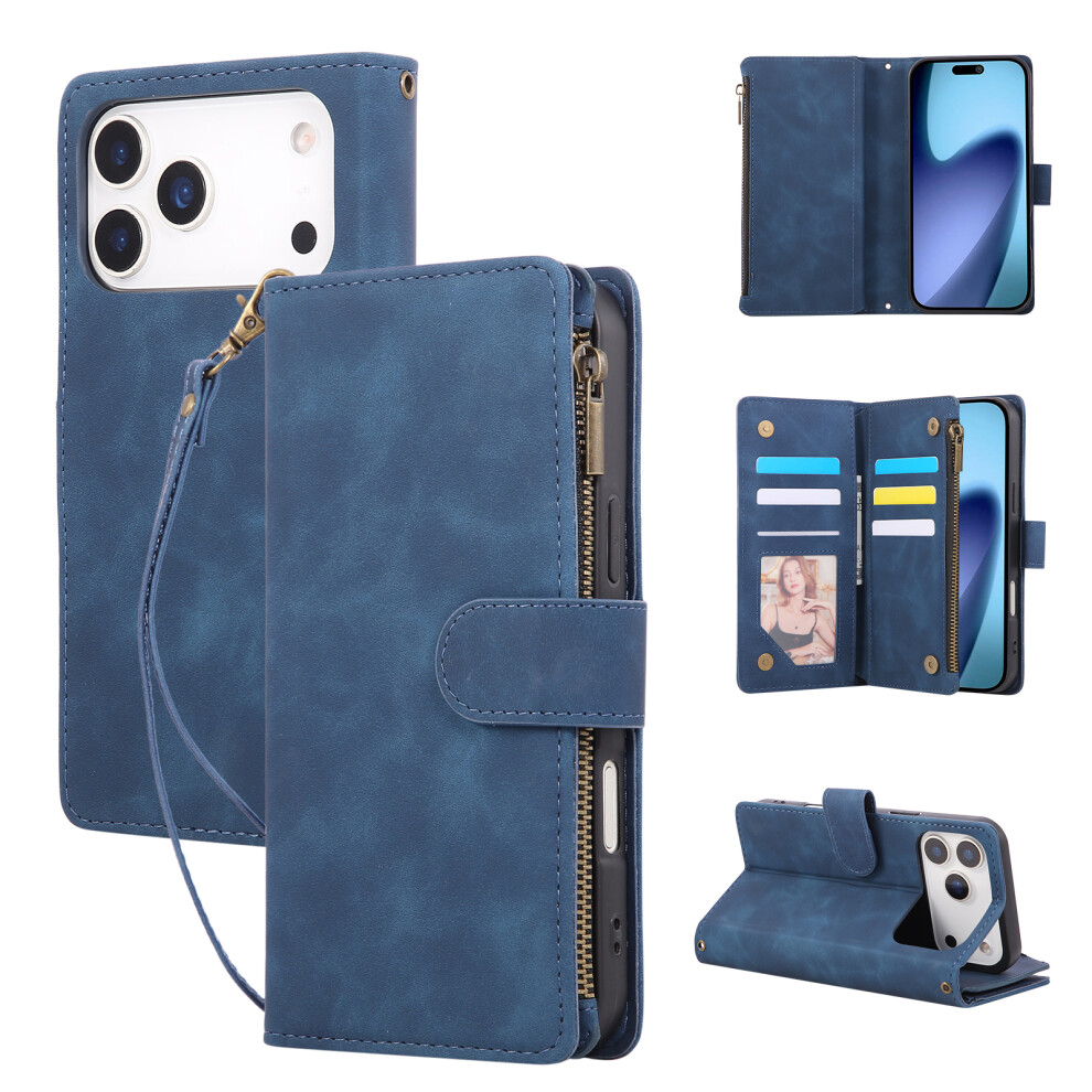 (Blue) For Iphone 17 Pro Case Zipper Wallet Multiple Card Slots Leather Phone Cover With Wrist Strap Blue 6914294918009