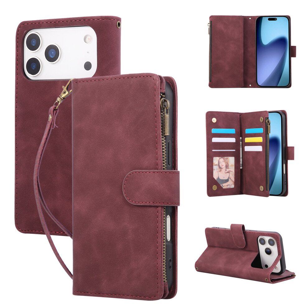(Wine ) For Iphone 17 Pro Case Zipper Wallet Multiple Card Slots Leather Phone Cover With Wrist Strap Red 6914297186061