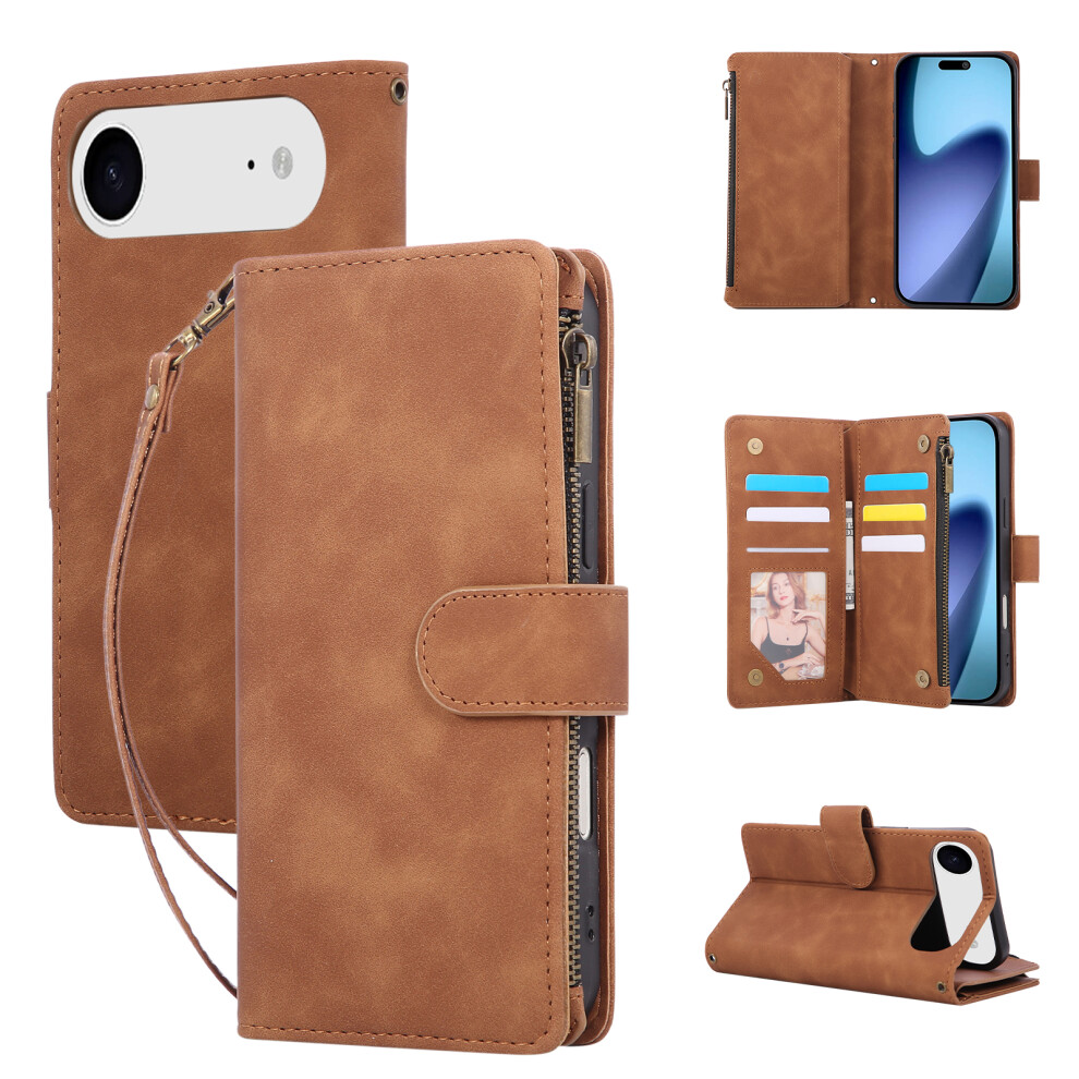 (Brown) For Iphone Air Case Zipper Wallet Multiple Card Slots Leather Phone Cover With Wrist Strap Brown 6914291496494