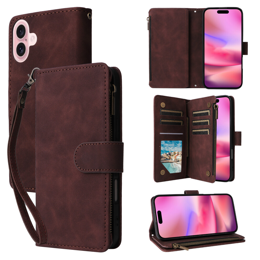 (Coffee) For Iphone 17 Case Zipper Wallet Multiple Card Slots Leather Phone Cover With Wrist Strap Brown 6914296758870