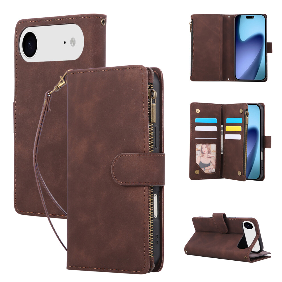 (Coffee) For Iphone Air Case Zipper Wallet Multiple Card Slots Leather Phone Cover With Wrist Strap Brown 6914291490737