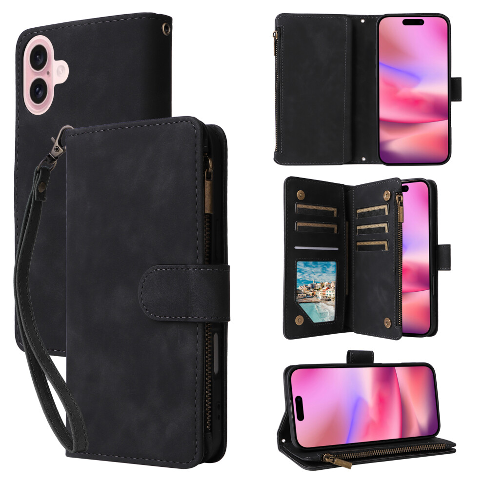 (Black) For Iphone 17 Case Zipper Wallet Multiple Card Slots Leather Phone Cover With Wrist Strap Black 6914297422541