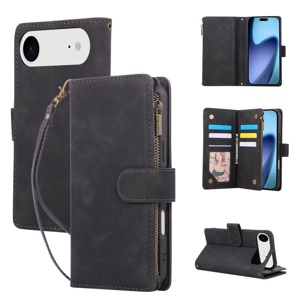 (Black) For Iphone Air Case Zipper Wallet Multiple Card Slots Leather Phone Cover With Wrist Strap Black 6914297996769