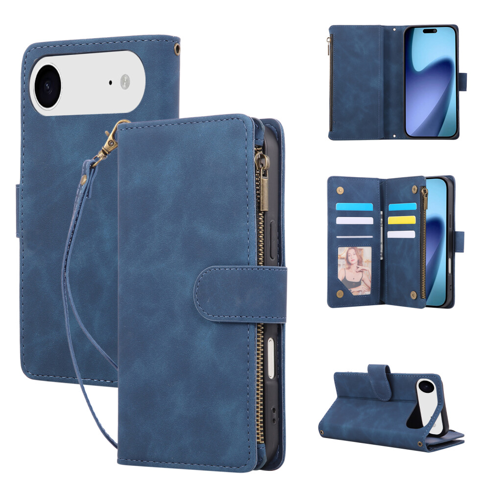 (Blue) For Iphone Air Case Zipper Wallet Multiple Card Slots Leather Phone Cover With Wrist Strap Blue 6914291891596