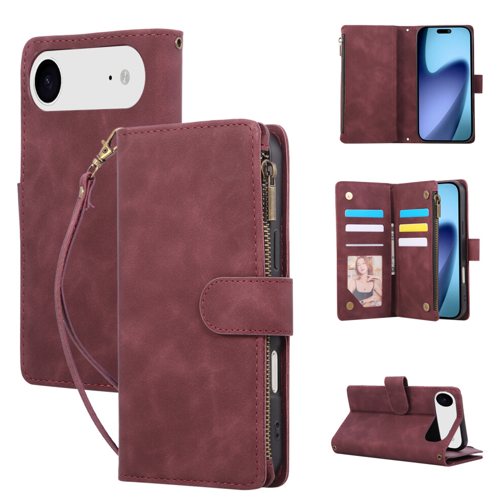 (Wine ) For Iphone Air Case Zipper Wallet Multiple Card Slots Leather Phone Cover With Wrist Strap Red 6914299854524