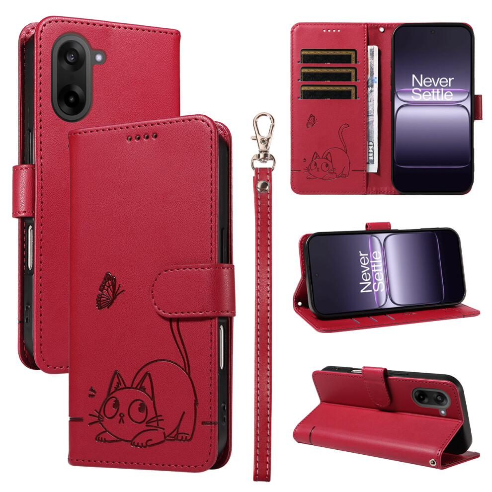(Red) For Oneplus Nord Ce5 5G / Oneplus Ace 5 Racing 5G Case Cat Pattern Imprint Leather Phone Cover With Wrist Strap Red 6914296646252
