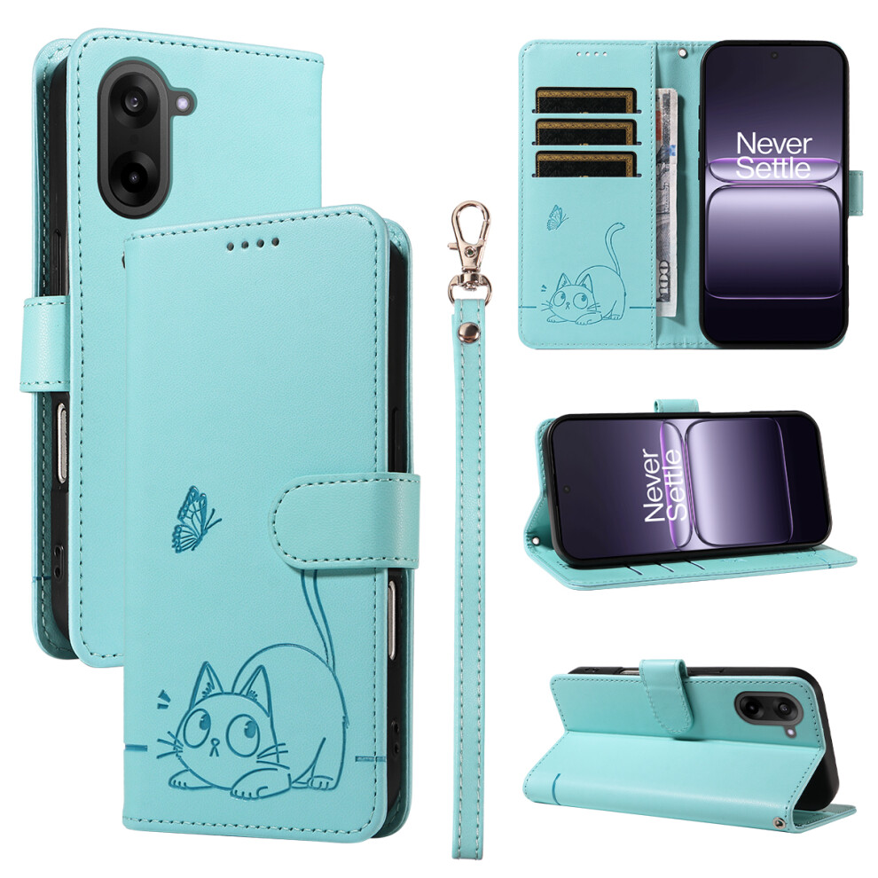 (Green) For Oneplus Nord Ce5 5G / Oneplus Ace 5 Racing 5G Case Cat Pattern Imprint Leather Phone Cover With Wrist Strap Green 6914290797127