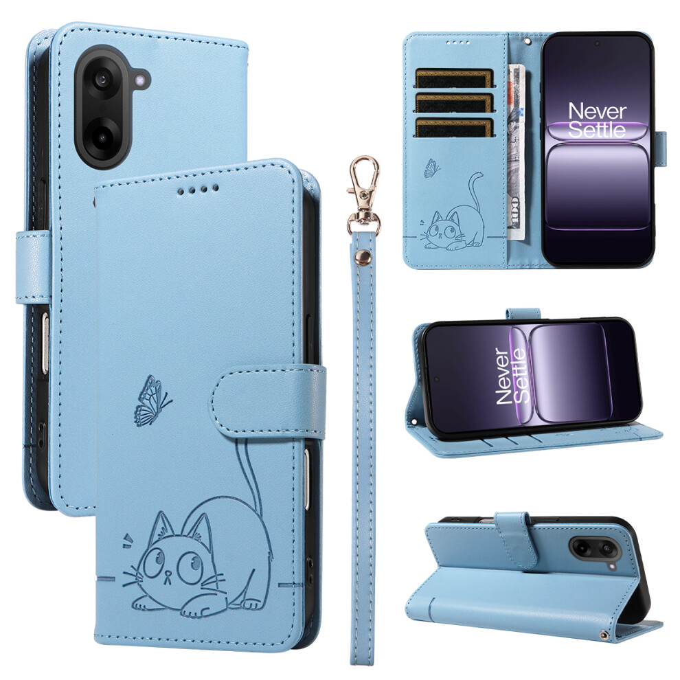 (Sky ) For Oneplus Nord Ce5 5G / Oneplus Ace 5 Racing 5G Case Cat Pattern Imprint Leather Phone Cover With Wrist Strap Blue 6914298221228