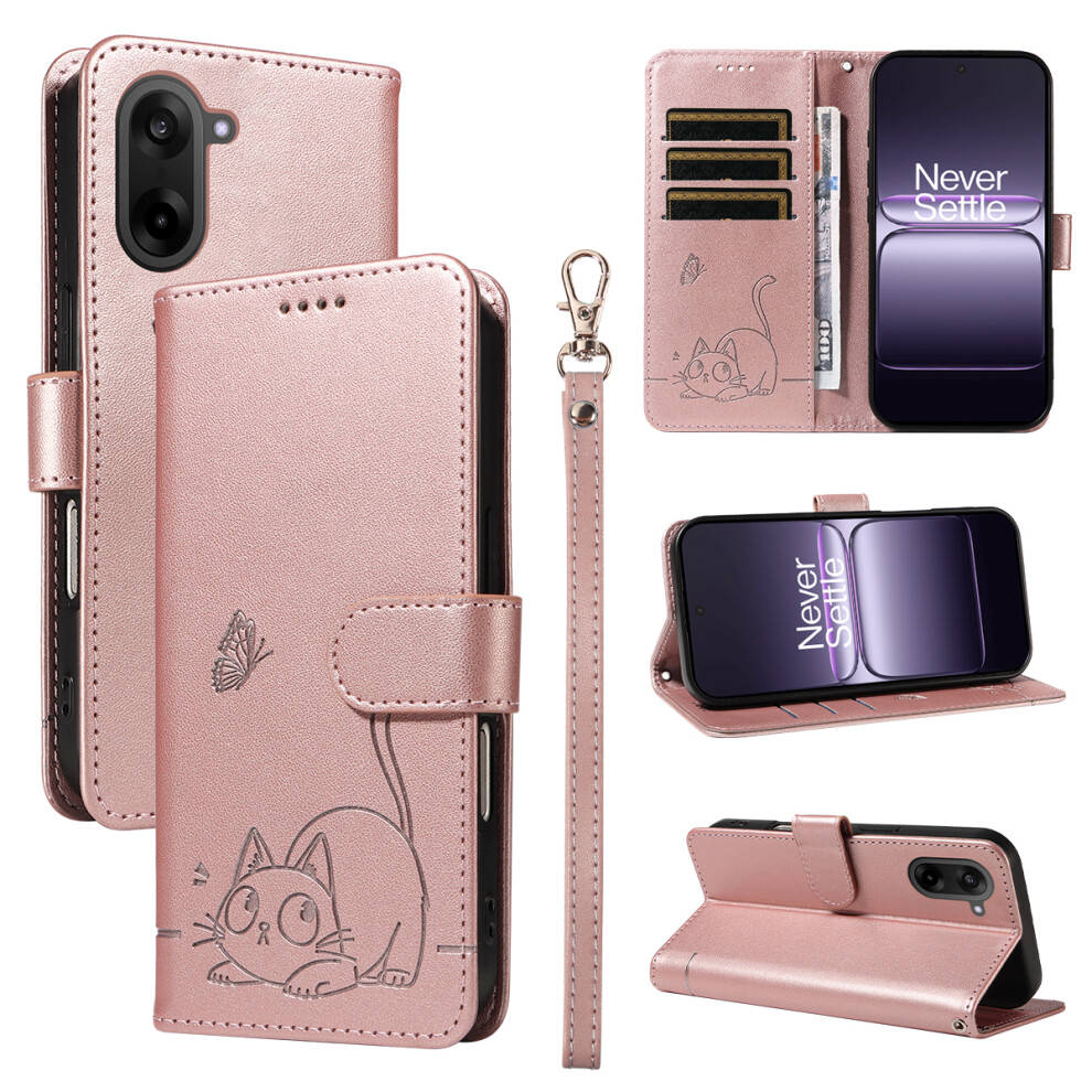 (Rose ) For Oneplus Nord Ce5 5G / Oneplus Ace 5 Racing 5G Case Cat Pattern Imprint Leather Phone Cover With Wrist Strap Gold 6914298873502