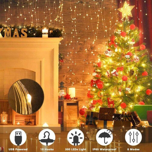LED Light Curtains - 3m x 3m String Lights - 300 LEDs - Remote Control - 8 Flashing Modes 2