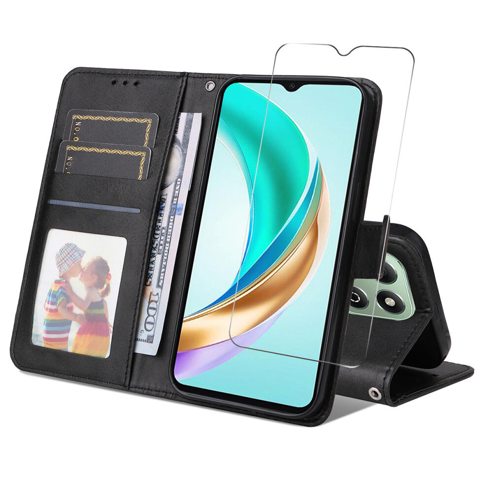 (Black) Enkay Hat Prince For Honor X6b 4G / Honor X5b Plus / Honor X6c 4G Pu Leather Wallet Case Phone Stand Cover With Tempered Glass Black 6914294178007