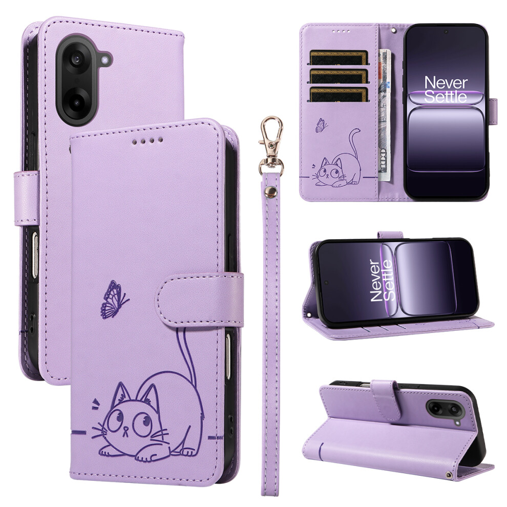 (Purple) For Oneplus Nord Ce5 5G / Oneplus Ace 5 Racing 5G Case Cat Pattern Imprint Leather Phone Cover With Wrist Strap Purple 6914292015182