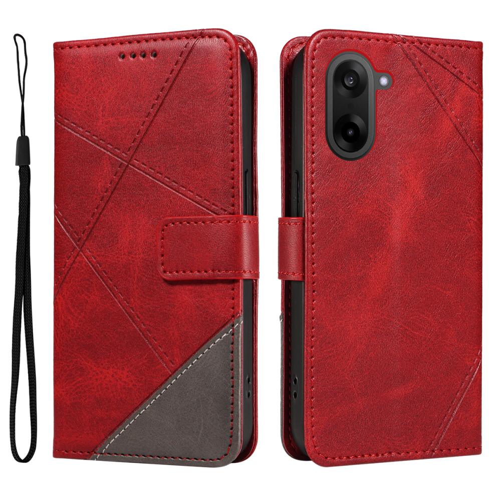 (Red) For Oneplus Nord Ce5 5G / Oneplus Ace 5 Racing 5G Leather Case Geometric Line Design Wallet Phone Cover With Wrist Strap Red 6914293025937