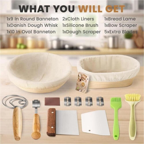 Bread Fermentation Basket Set, Oval Fermentation Basket Set, Dough Scraper and Beater Set 2