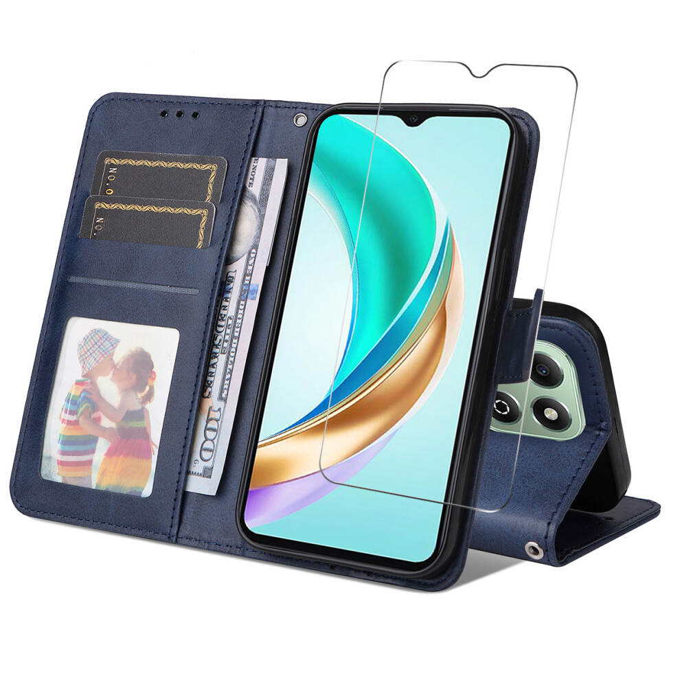 (Blue) Enkay Hat Prince For Honor X6b 4G / Honor X5b Plus / Honor X6c 4G Pu Leather Wallet Case Phone Stand Cover With Tempered Glass Blue 6914295875615