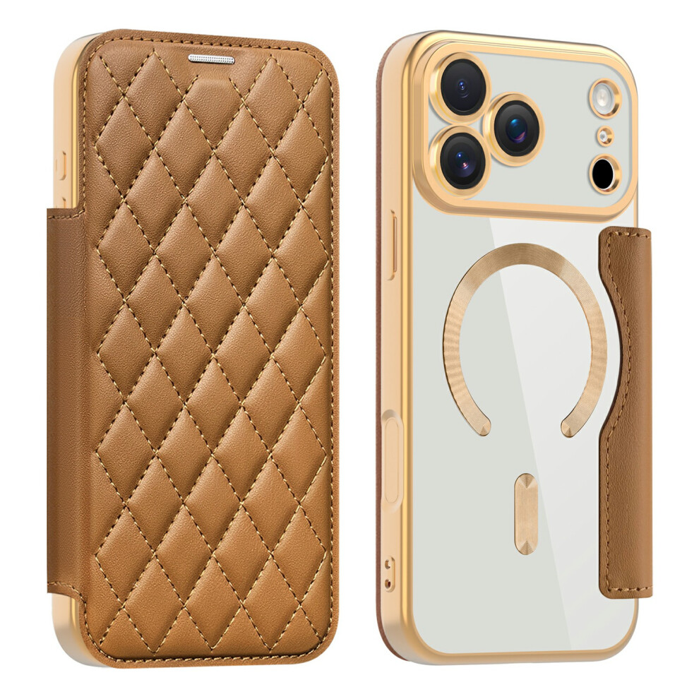 (Brown) For Iphone 17 Pro Case Compatible With Magsafe Rhombus Pu Leather Phone Cover Brown 6914299683681