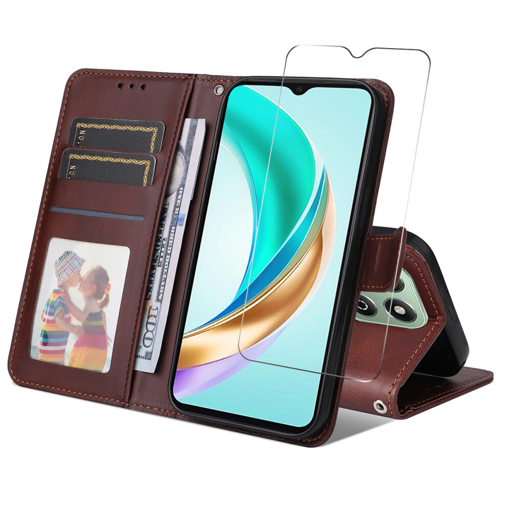 (Brown) Enkay Hat Prince For Honor X6b 4G / Honor X5b Plus / Honor X6c 4G Pu Leather Wallet Case Phone Stand Cover With Tempered Glass Brown 6914292746581