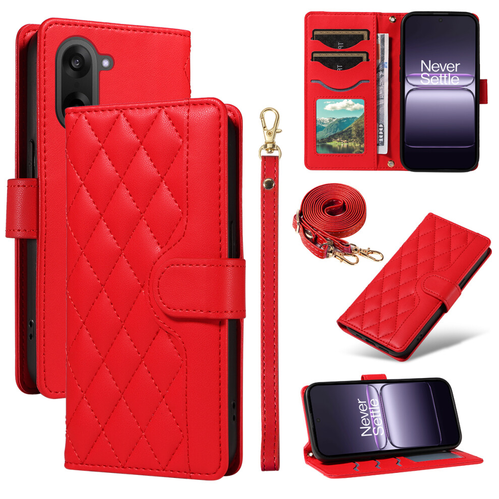 (Red) For Oneplus Nord Ce5 5G / Oneplus Ace 5 Racing 5G Wallet Case Rhombus Leather Phone Cover With Strap Red 6914293869708