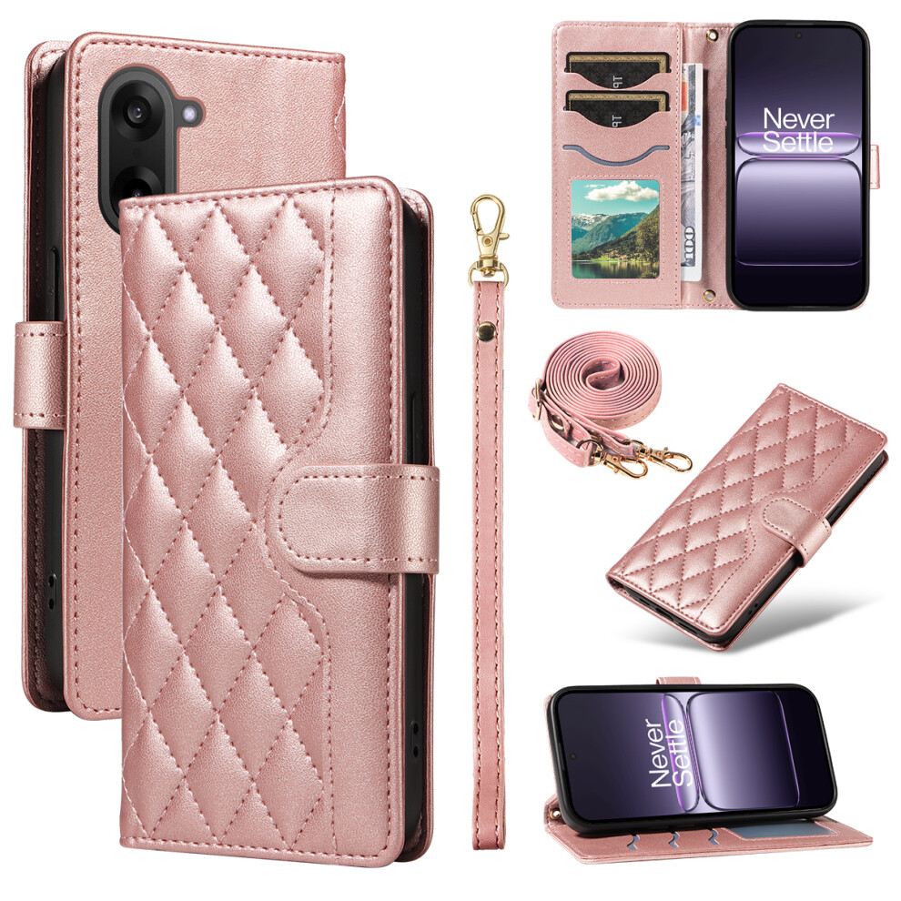 (Rose ) For Oneplus Nord Ce5 5G / Oneplus Ace 5 Racing 5G Wallet Case Rhombus Leather Phone Cover With Strap Gold 6914297562278