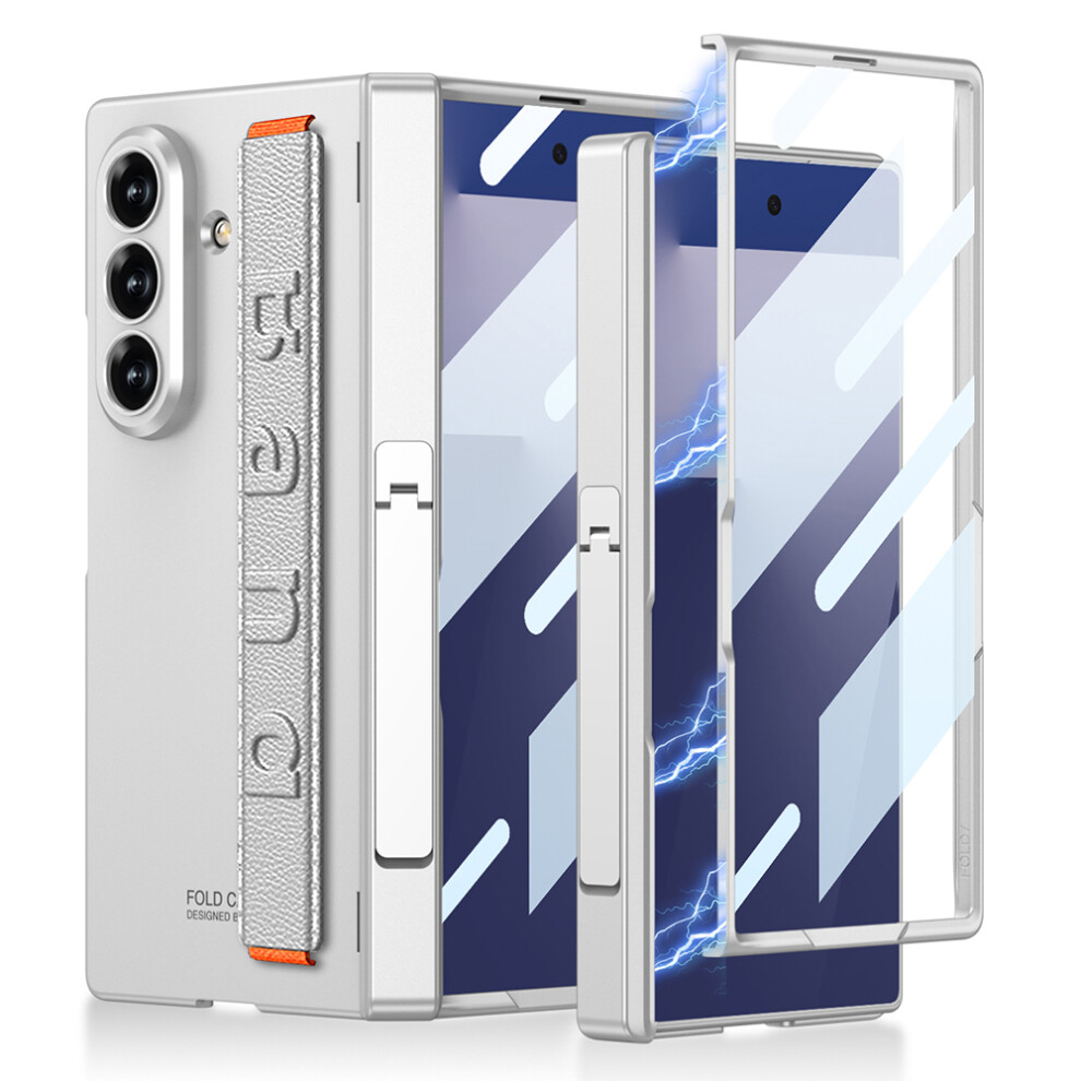 (Silver) Gkk For Samsung Galaxy Z Fold7 5G Case With Kickstand / Finger Strap Pc Tempered Glass Phone Cover Silver 6914296117813