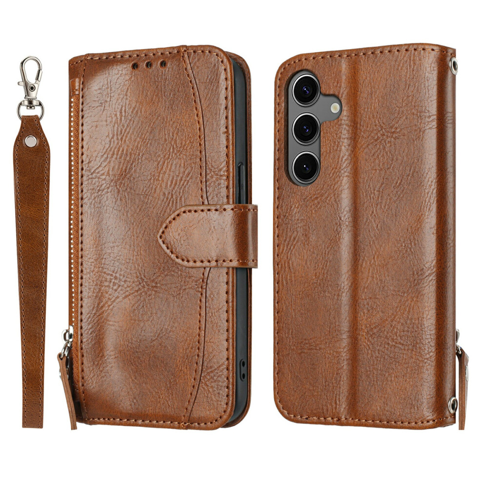 (Brown) For Samsung Galaxy S25 Fe Case Zipper Pocket Wallet Leather Phone Cover With Wrist Strap Brown 6914299418535