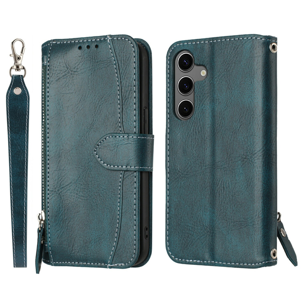 (Blackish ) For Samsung Galaxy S25 Fe Case Zipper Pocket Wallet Leather Phone Cover With Wrist Strap Green 6914295348270