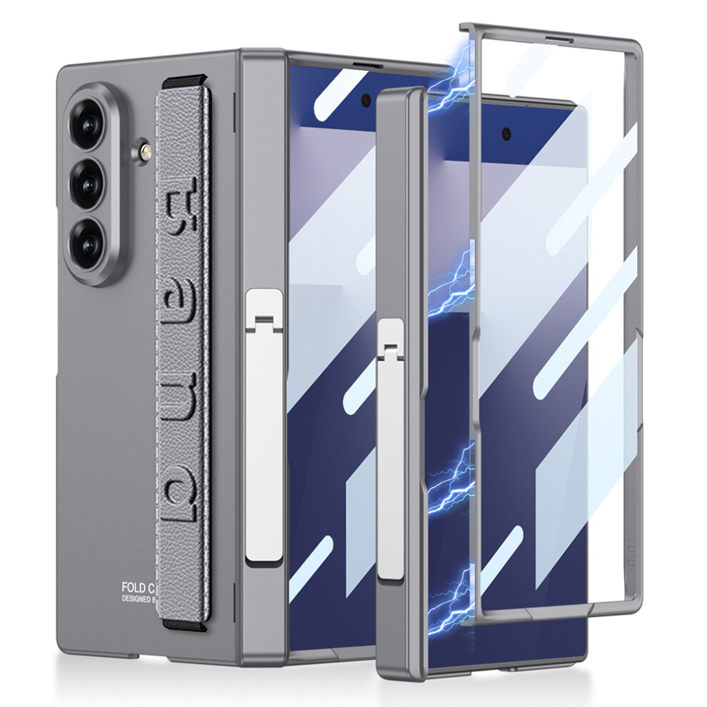 (Grey) Gkk For Samsung Galaxy Z Fold7 5G Case With Kickstand / Finger Strap Pc Tempered Glass Phone Cover Grey 6914293290472
